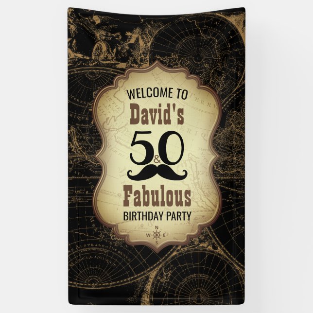 50 Fabulous Mustache Vintage Map Birthday Party Banner (Vertical)