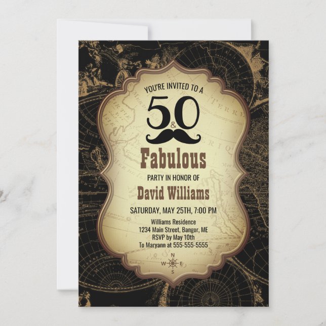 50 Fabulous Mustache Vintage Map Birthday Party Invitation (Front)