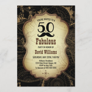 50 Fabulous Mustache Vintage Map Birthday Party Invitation