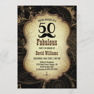 50 Fabulous Mustache Vintage Map Birthday Party Invitation