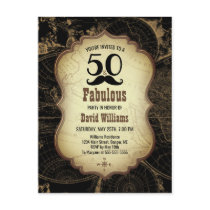50 Fabulous Mustache Vintage Map Birthday Party Invitation Postcard