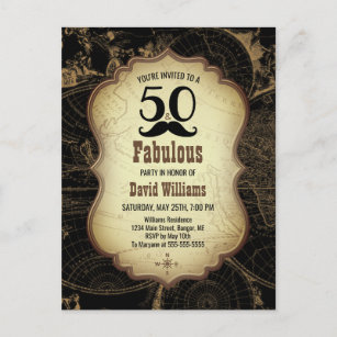 50 Fabulous Mustache Vintage Map Birthday Party Invitation Postcard