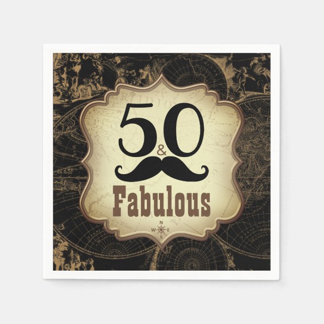 50 Fabulous Mustache Vintage Map Birthday Party Napkins (Front)