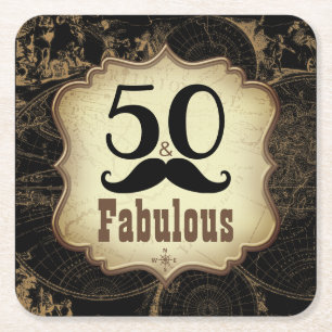 50 Fabulous Mustache Vintage Map Birthday Party Square Paper Coaster