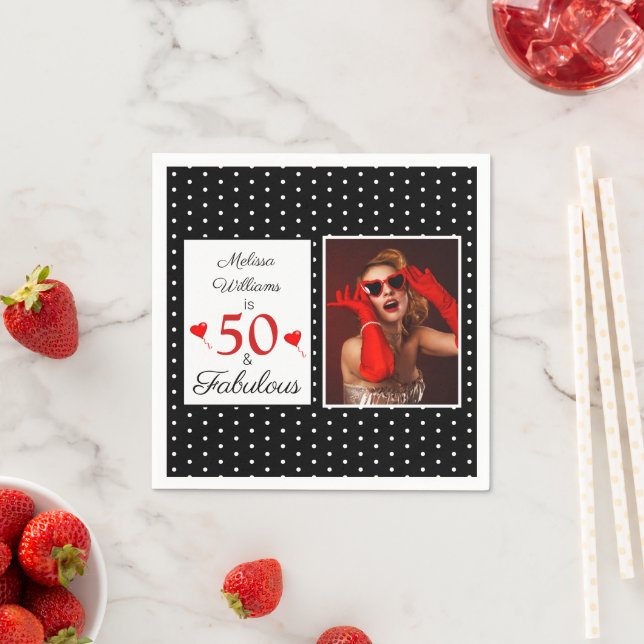 50 & Fabulous Name Photo Red 50th Birthday BLK WH Napkins (Insitu)