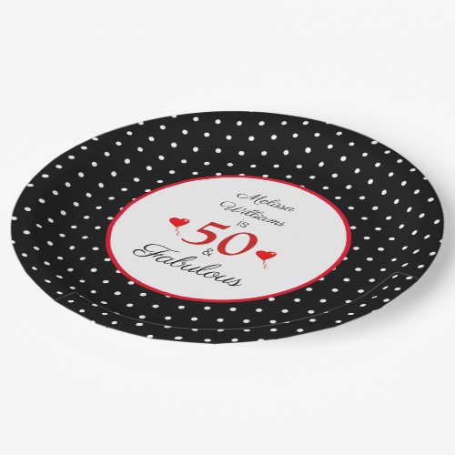50  Fabulous Name Photo Red 50th Birthday BLK WH Paper Plates