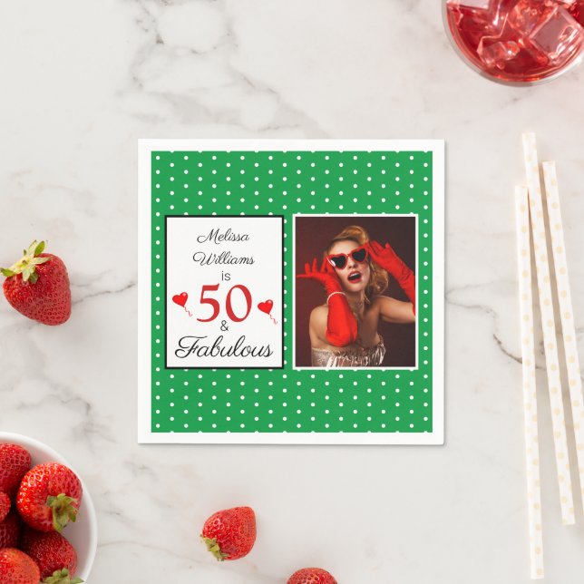 50 & Fabulous Name Photo Red 50th Birthday Green Napkins (Insitu)