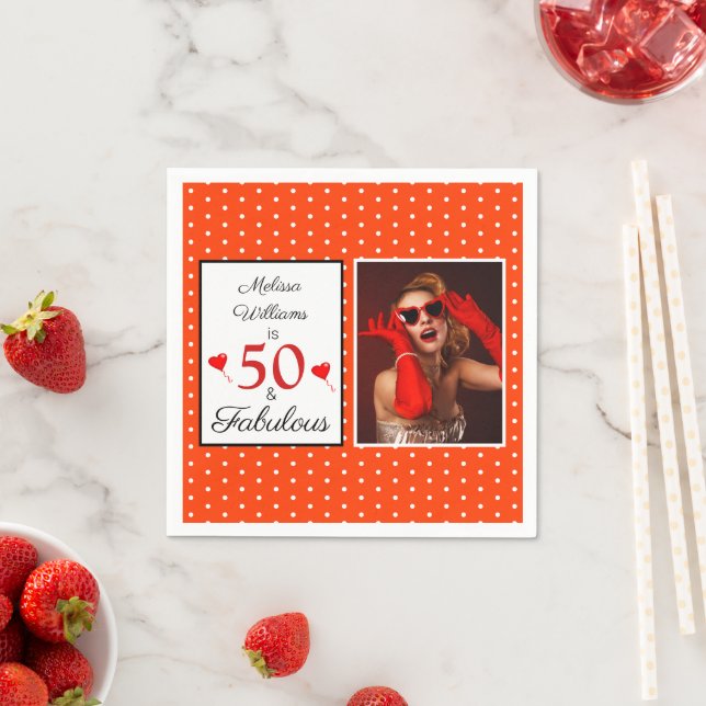 50 & Fabulous Name Photo Red 50th Birthday Orange Napkins (Insitu)