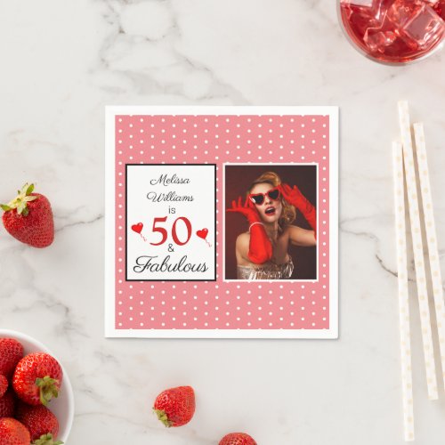 50  Fabulous Name Photo Red 50th Birthday Pink WH Napkins