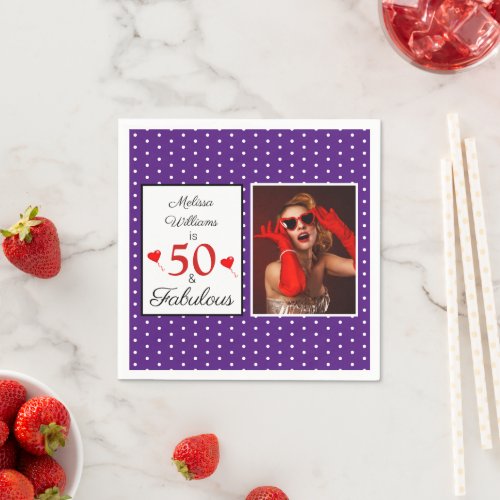 50  Fabulous Name Photo Red 50th Birthday Purple Napkins