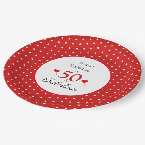50  Fabulous Name Photo Red 50th Birthday Red WH Paper Plates