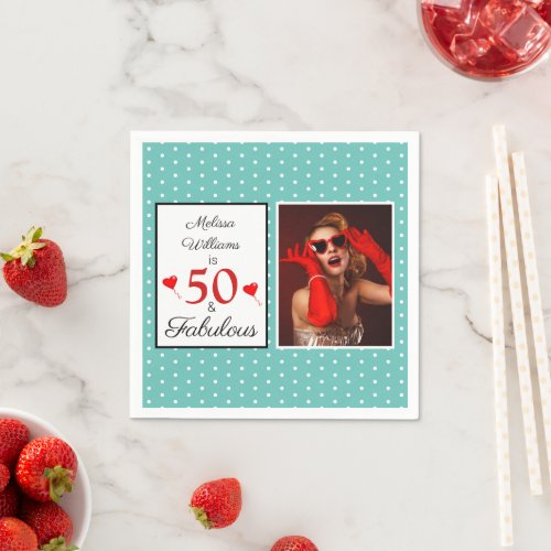 50  Fabulous Name Photo Red 50th Birthday Teal WH Napkins