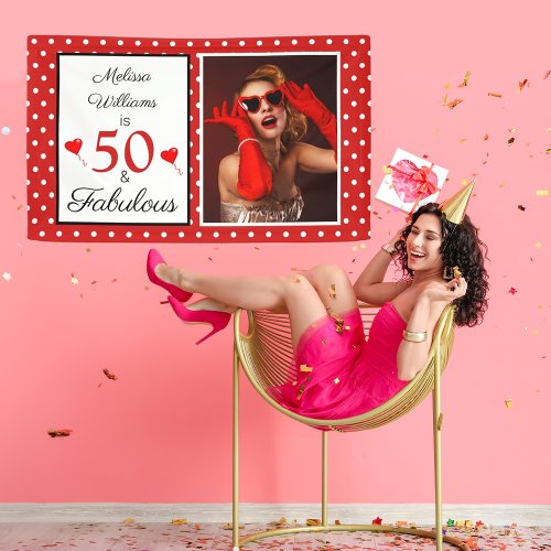 50  Fabulous Name Photo Red 50th Birthday WH Red Banner