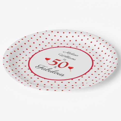 50  Fabulous Name Photo Red 50th Birthday WH Red Paper Plates