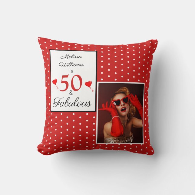 50 & Fabulous Name Photo Red 50th Birthday WH Red Throw Pillow (Front)