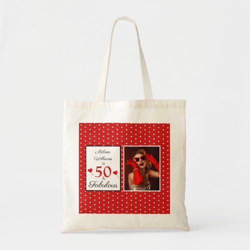 50  Fabulous Name Photo Red 50th Birthday WH Red Tote Bag
