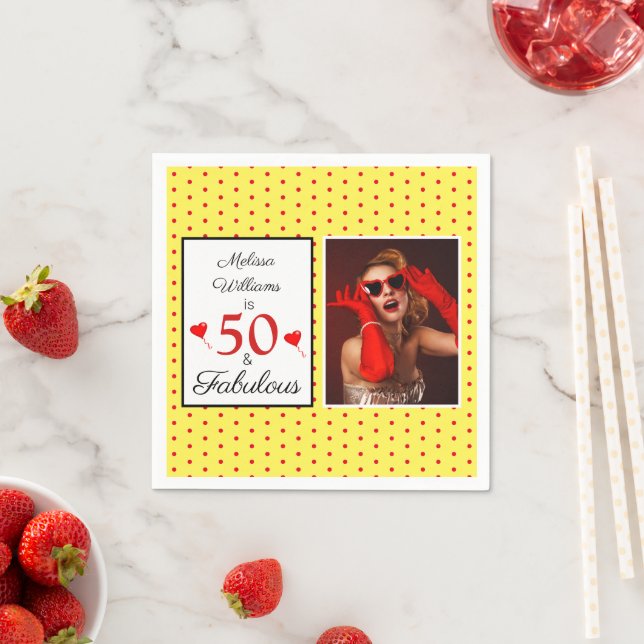 50 & Fabulous Name Photo Red 50th Birthday Yellow Napkins (Insitu)