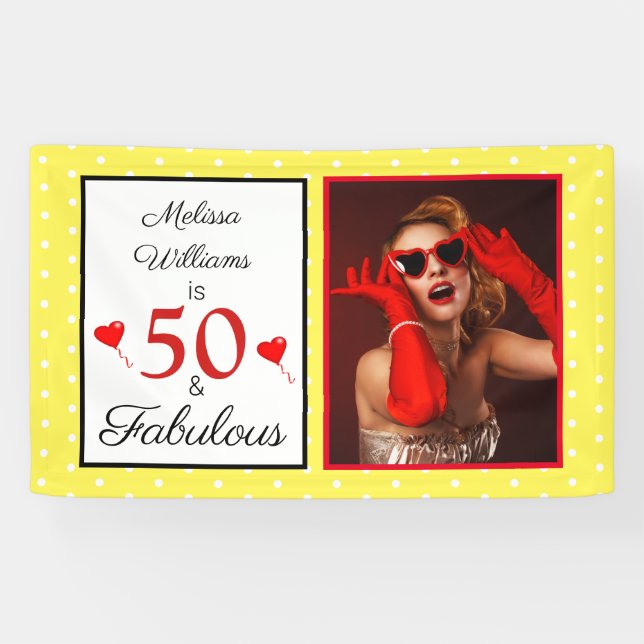 50 Fabulous Name Photo Red 50th Birthday Yellow WH Banner (Horizontal)