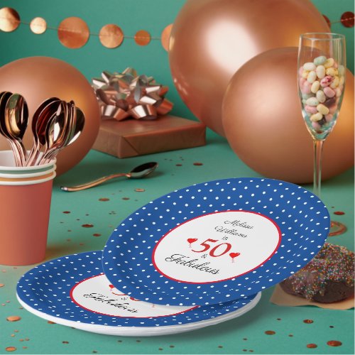 50  Fabulous Name Red 50th Birthday Blue White Paper Plates