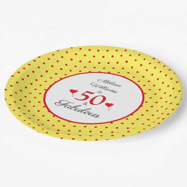 50 & Fabulous Name Red 50th Birthday Yellow Red Paper Plates (Angled)