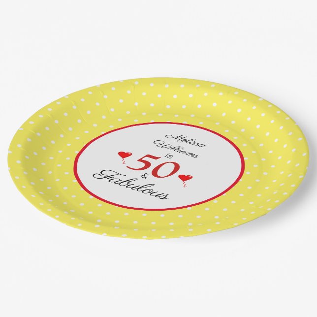 50 & Fabulous Name Red 50th Birthday Yellow White Paper Plates (Angled)