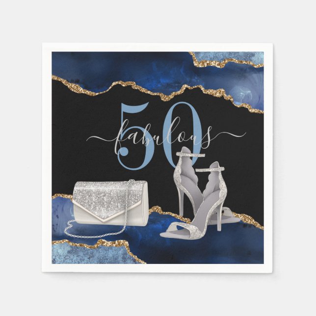 50 Fabulous Navy Black Agate Gold Glitter  Napkins (Front)