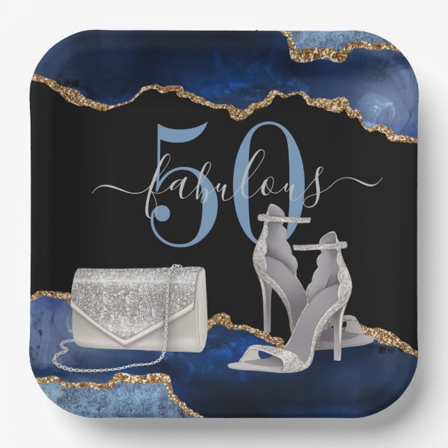 50 Fabulous Navy Black Agate Gold Glitter  Paper Plates (Front)