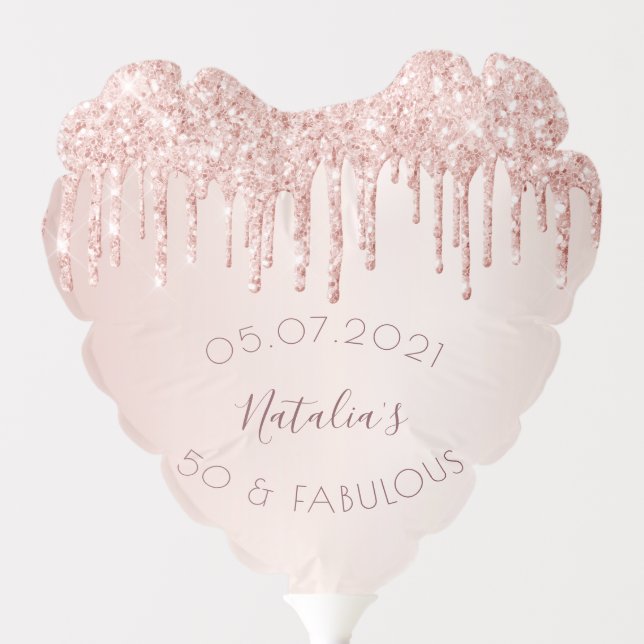 50 & fabulous party rose gold glitter drips glam balloon (Front)