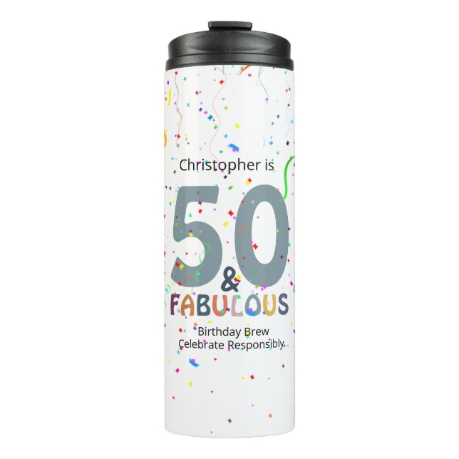 50 & Fabulous Personalized Blue Confetti Birthday Thermal Tumbler (Front)
