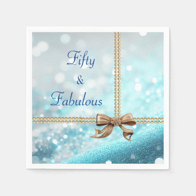 50 & Fabulous Photo Blue Gold Bow 50th Birthday  Napkins (Front)
