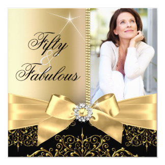 50 & Fabulous Photo Gold Black Bow 50th Birthday Card