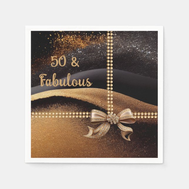 50 & Fabulous Photo Gold Black Bow 50th  Napkins (Front)