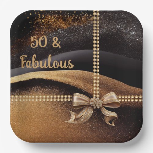 50  Fabulous Photo Gold Black Bow 50th  Party Paper Plates