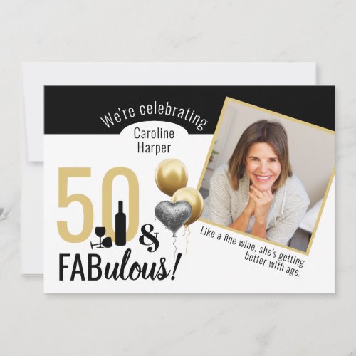 50  Fabulous Photo Gold  Black Modern Birthday Invitation