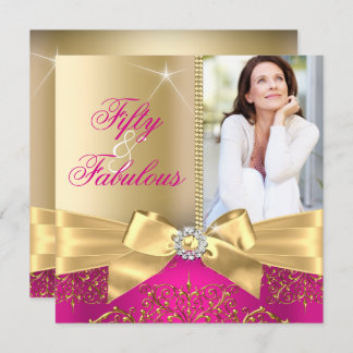 50 & Fabulous Photo Gold Pink Bow 50th Birthday Invitation