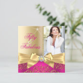 50 & Fabulous Photo Gold Pink Bow 50th Birthday Invitation (Standing Front)