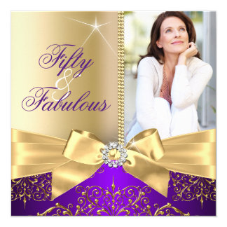 50 & Fabulous Photo Gold Purple Bow 50th Birthday Card