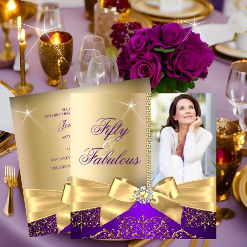 50  Fabulous Photo Gold Purple Bow 50th Birthday Invitation