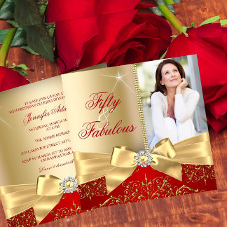 50 & Fabulous Photo Gold Red Bow 50th Birthday Invitation