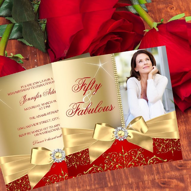 50 & Fabulous Photo Gold Red Bow 50th Birthday Invitation (Creator Uploaded)