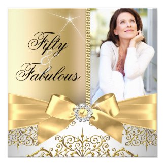 50 & Fabulous Photo Gold Silver Bow 50th Birthday Card
