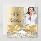 50 Fabulous Photo Gold Silver Bow 50th Birthday Invitation (Front)
