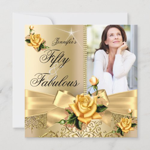 50  Fabulous Photo Gold Yellow Rose Bow Birthday Invitation