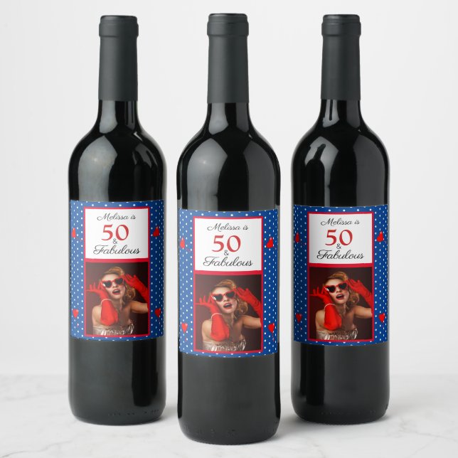 50 & Fabulous Photo Name Red 50th Birthday Blue Wine Label (Bottles)