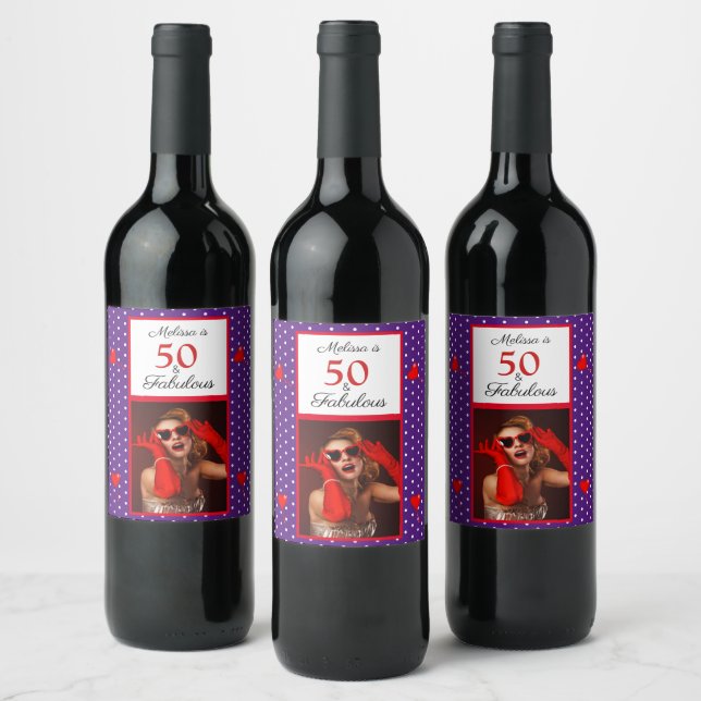 50 & Fabulous Photo Name Red 50th Birthday Purple Wine Label (Bottles)