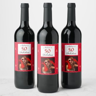 50 & Fabulous Photo Name Red 50th Birthday Red WH Wine Label