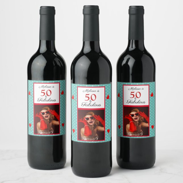50 & Fabulous Photo Name Red 50th Birthday Teal Wine Label (Bottles)