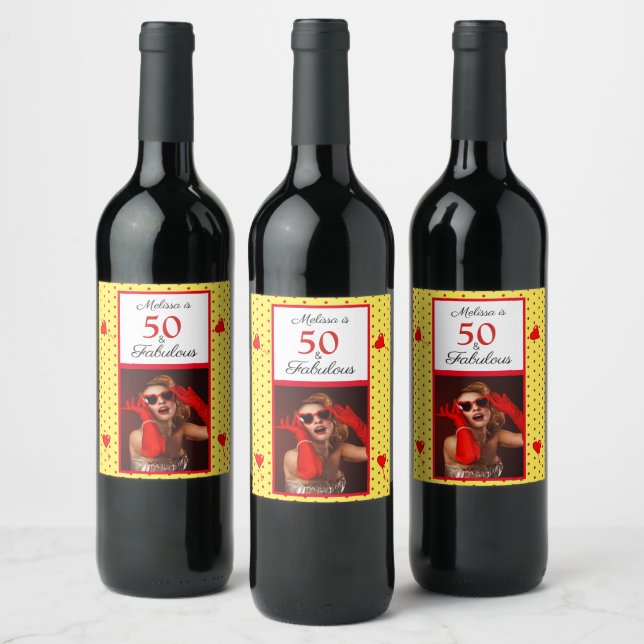 50 & Fabulous Photo Name Red 50th Birthday Yellow Wine Label (Bottles)