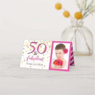 50 & Fabulous Photo Pink Chevron White Gold Party Place Card