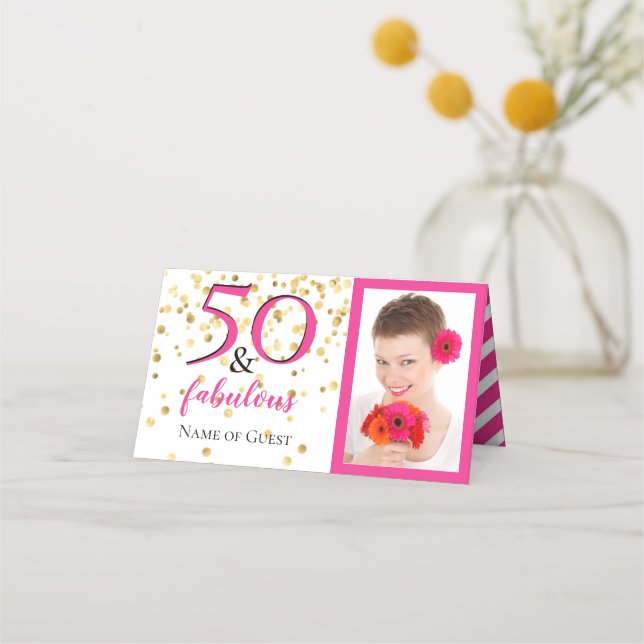 50 & Fabulous Photo Pink Chevron White Gold Party Place Card (Front)